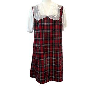 April Cornell Red Tartan Plaid Wool Blend School Girl Academia Midi Dress Size M
